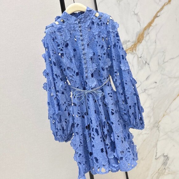 Zimmermann Blue Lace Mini Dress Long Sleeve Floral Lace Belted Dress - Picture 3 of 9